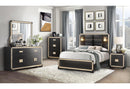 BLAKE BLACK/GOLD KING BED WITH LAMPS, DRESSER, MIRROR, NIGHTSTAND