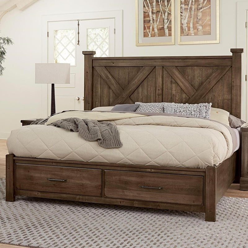 Vaughan-Bassett Cool Rustic Queen Barndoor X Headboard with Storage Footboard Bed in Mink