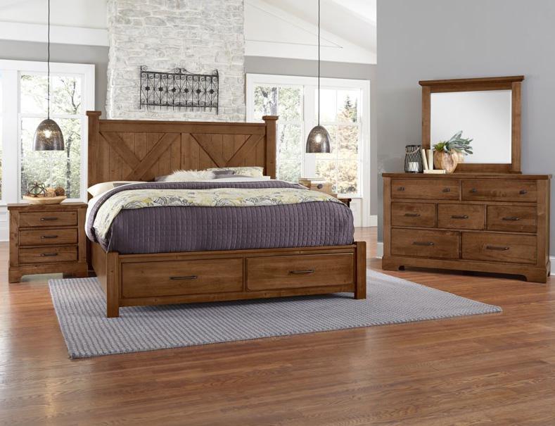 Vaughan-Bassett Cool Rustic Queen Barndoor X Headboard with Storage Footboard Bed in Amber